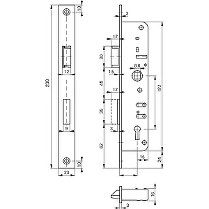 ROTO Rohrrahmenschloss Flachstulp m. Falle u. Riegel 852, DM 35, verzinkt silber