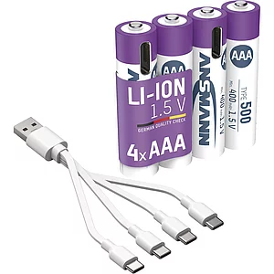 ANSMANN Batterie Akku mit Ladekabel LR03 AAA 1,5 Volt 4 Stück
