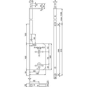 Schiebetür Stangenschloss Silent Stop, PZW, DM 60, Stulp 315 x 16 mm, verzinkt