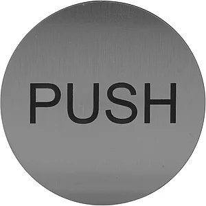 Hinweisschild PUSH, Durchmesser 60 mm, Kunststoff Edelstahl-Effekt