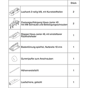 HAWA Junior 40/Z Beschlagset Holz Laufschiene L=1400 mm silber