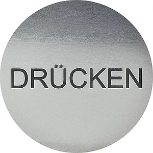 Hinweisschild DRÜCKEN, Durchmesser 60 mm, Kunststoff Edelstahl-Effekt