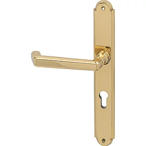 Feuerschutz Drückergarnitur Alt Wien auf Langschild, PZ72, Messing poliert