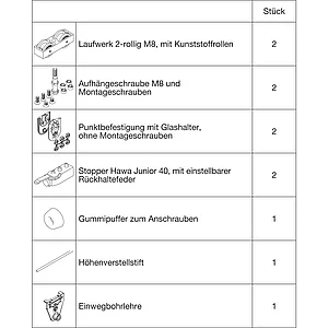 HAWA Junior 40/GP Beschlagset Glas ESG/VSG 8-12 mm ohne Laufschiene