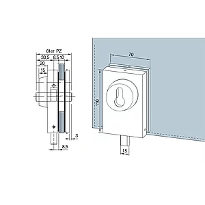 DORMA-Glas Eckschloss SG-15, mit Rosetten PZ, 10 mm, (05.118) silber eloxiert