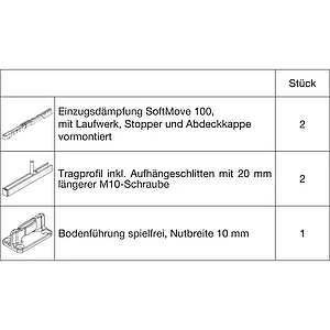 HAWA Junior 100/B Beschlagset Holz SoftMove Tragschraube 20 mm länger (30233)