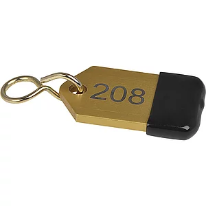 Hotelschlüsselanhänger mit Gummi, Höhe 50 mm, Gravur 1-9999, gold eloxiert