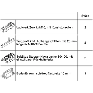 HAWA Junior 100/B Beschlagset Holz SoftStop Tragschraube 20 mm länger (30230)
