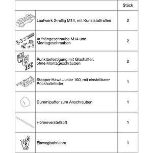 HAWA Junior 160/GP Beschlagset Glas ESG/VSG 8-12 mm ohne Laufschiene