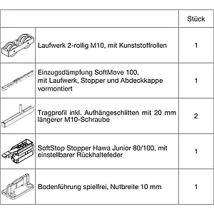 HAWA Junior 100/B Beschlagset Holz SoftStop SoftStop/SoftMove +20 mm (30232)