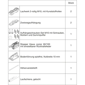 HAWA Junior 100/Z Beschlagset Holz Laufschiene L=2200 mm 1 FS Standard silber