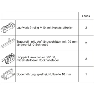 HAWA Junior 100/B Beschlagset Holz 2 Fangstopper Standard Tragschraube +20 mm