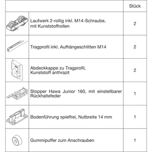 HAWA Junior 160/B Beschlagset Holz ohne Laufschiene