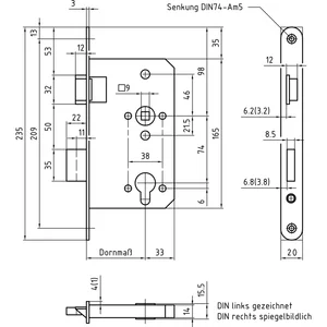 BMH Einstemmschloss 1000 Rundzylinder mit Wechsel, links, Stulp 20 mm,Edelstahl