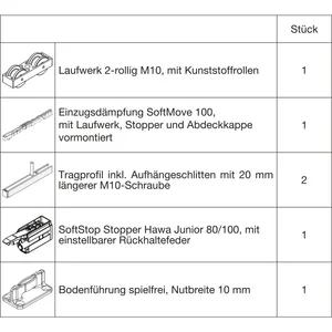 HAWA Junior 100/B Beschlagset Holz SoftStop SoftStop/SoftMove +20 mm (30232)