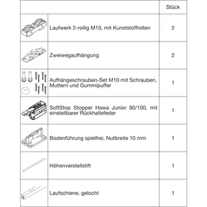 HAWA Junior 100/Z Beschlagset Holz Laufschiene L=1800 mm silber eloxiert